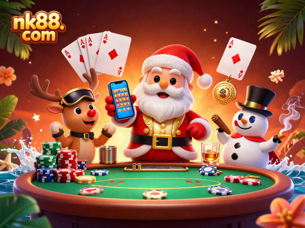 Enjoy jackpot slots with nk88. com in this festive casino scene featuring Santa and friends.