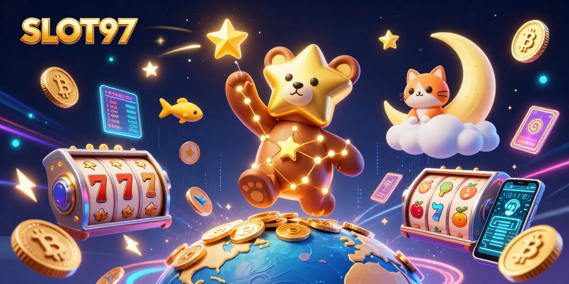 SLOT97 offers thrilling slot experiences with vibrant visuals and dynamic game elements featured in this illustration.