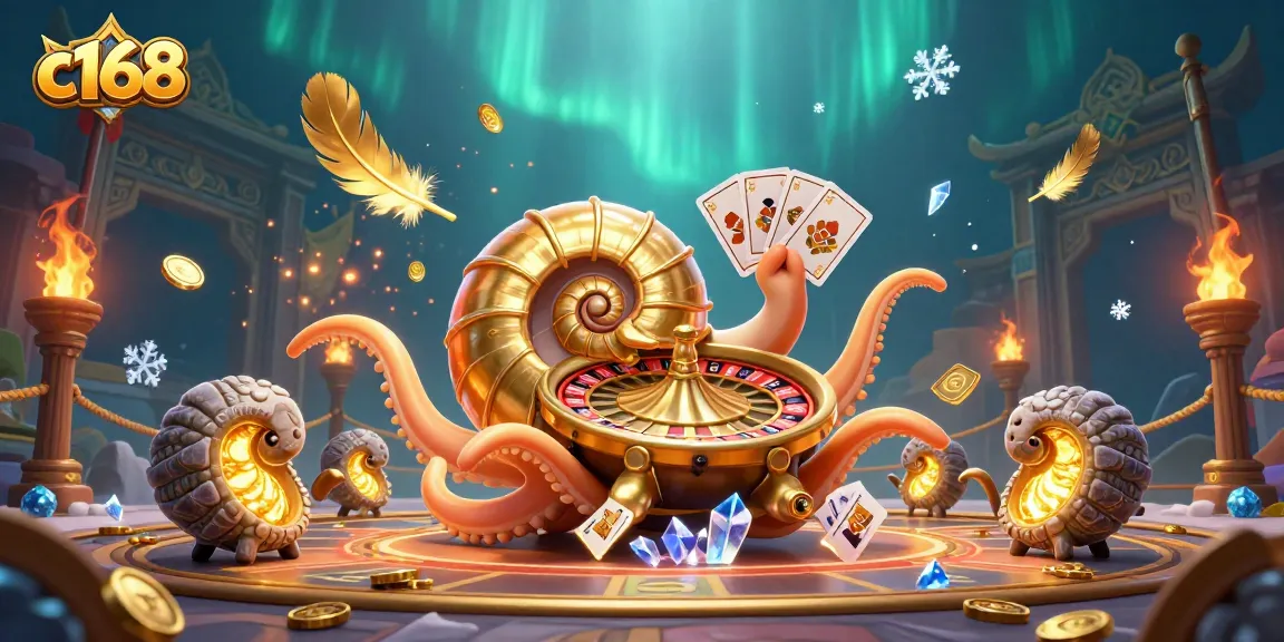Engage in thrilling games with c168, showcasing a vibrant scene of a nautilus roulette wheel amidst dynamic casino elements.