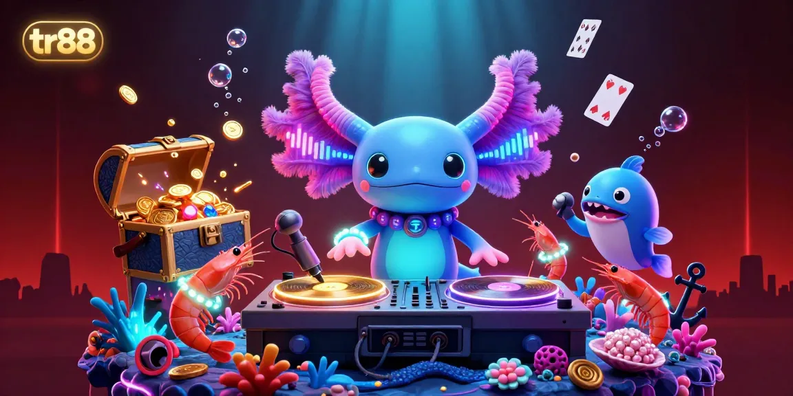 Experience the vibrant atmosphere of tr88 with a neon axolotl DJ and themed casino elements in a dynamic underwater scene.