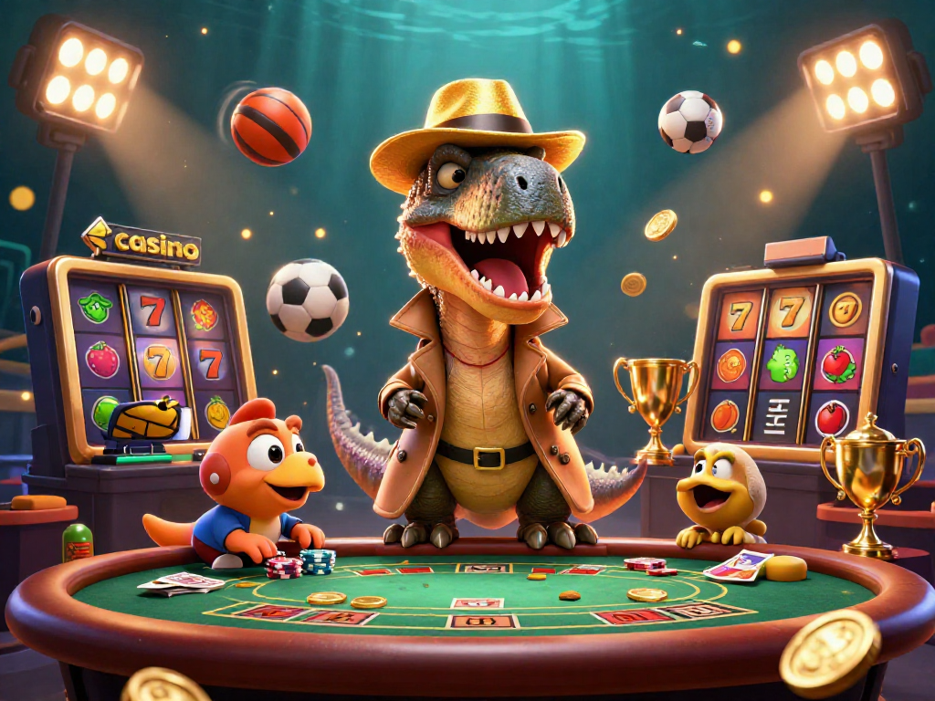 Casino scene with a velociraptor card counter, a stegosaurus pit boss, and a compy pickpocket among spinning slot reels.