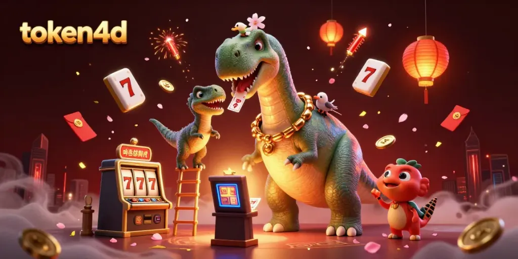 Ilustrasi 3D token4d yang menampilkan brontosaurus dan raptor di kasino dengan elemen Mahjong dan slot, menciptakan suasana berjudi yang menggembirakan.