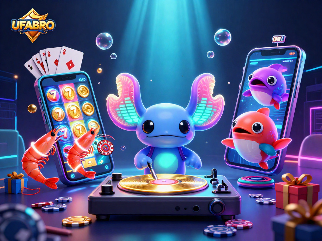 Join UFABRO with dynamic slots action, neon characters, and vibrant casino elements.