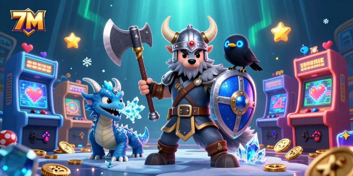 Experience 7M gaming excitement with a cartoon Viking and dragon amidst vibrant casino elements.