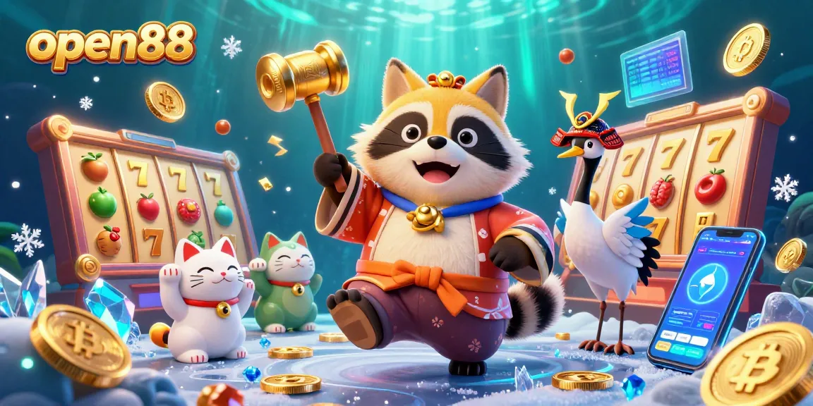 Play exciting games at open88 with cheerful tanuki and lucky symbols in a vibrant casino scene.
