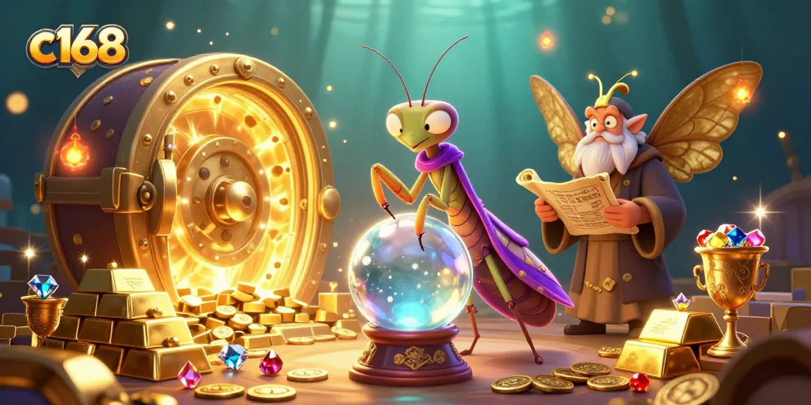 C168 players uncover fortune with vibrant treasures surrounded by fortune tellers and magical elements.