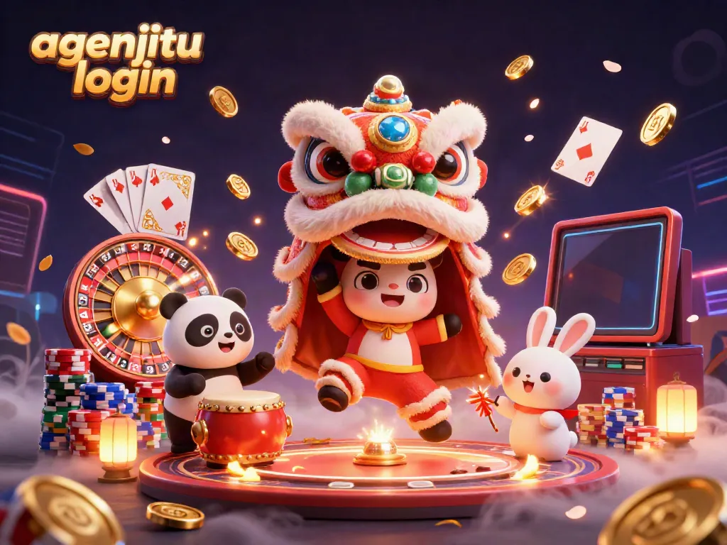 Gambarlah agenjitu login dengan kostum singa tari imlek yang meriah dan elemen kasino di sekitar.