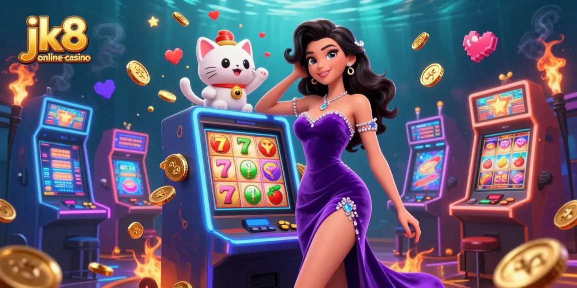Experience excitement at jk8 online casino with a glamorous woman, roaring jackpots, and vibrant slot games.