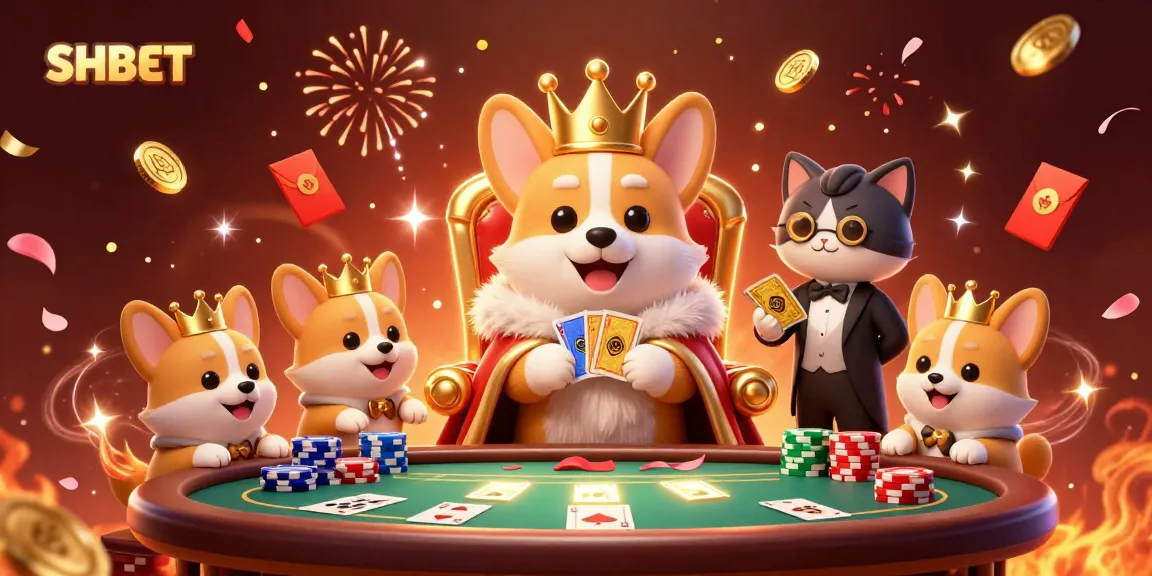 Engage in thrilling poker adventures at SHBET with a royal corgi and friends in an exciting casino scene.