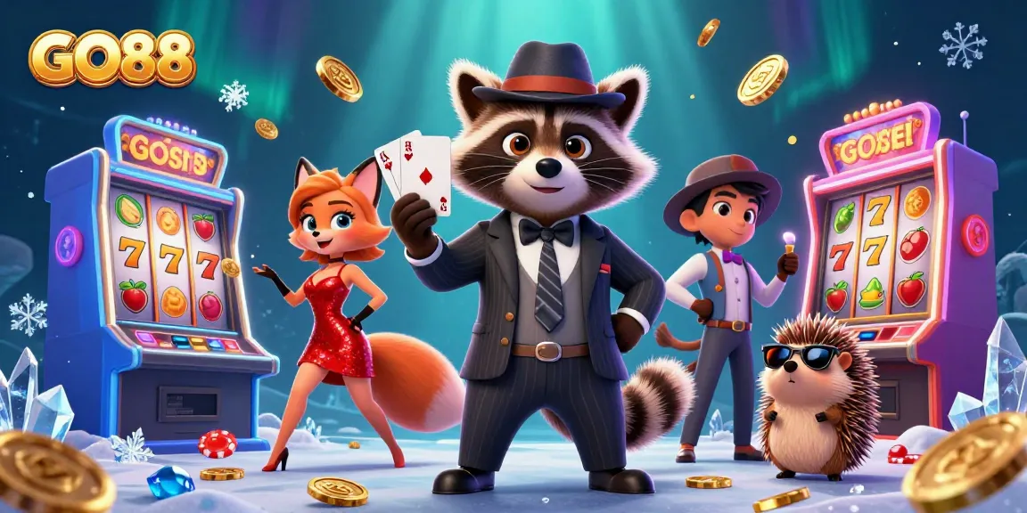 Engage with GO88’s dynamic world of gaming, showcasing a suave raccoon and fox lady amid vibrant slot machines.