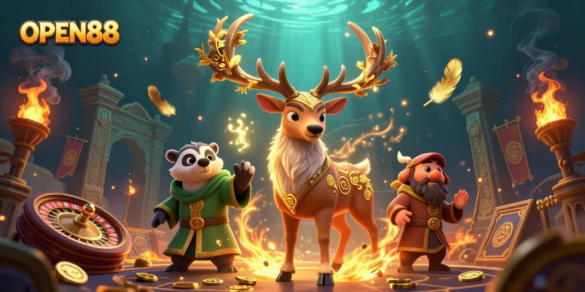 Experience thrilling gameplay at OPEN88 with a vibrant 3D illustration of casino characters and elements.