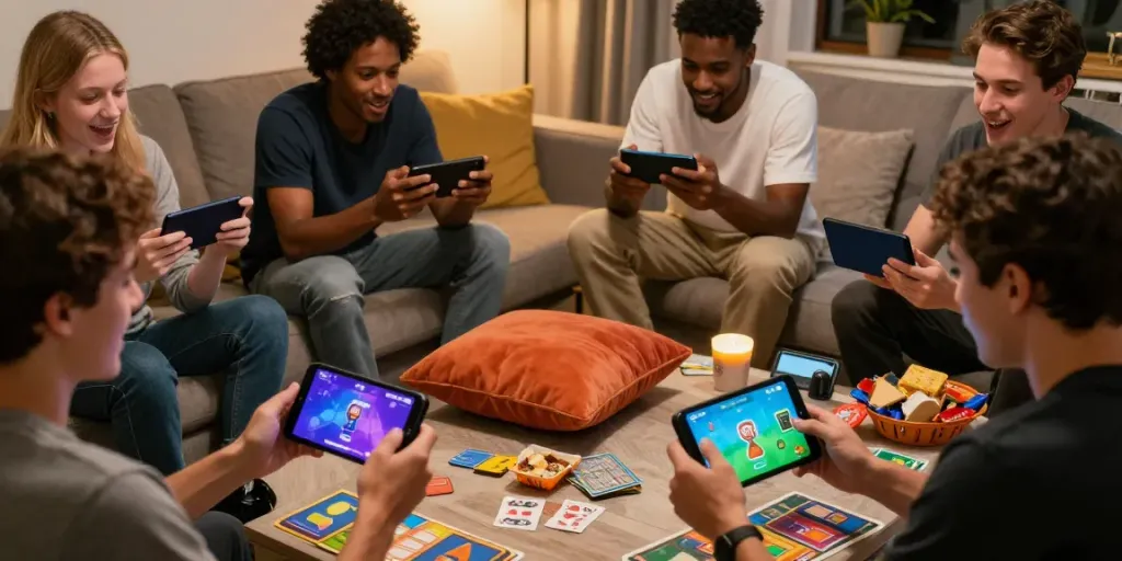Players enjoying Yono Games on mobile devices in a lively living room.