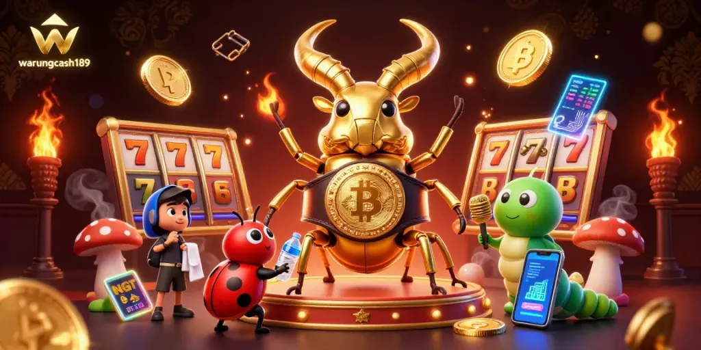 Engage with warungcash189 for exciting slots and jackpots amidst a vibrant 3D scene.