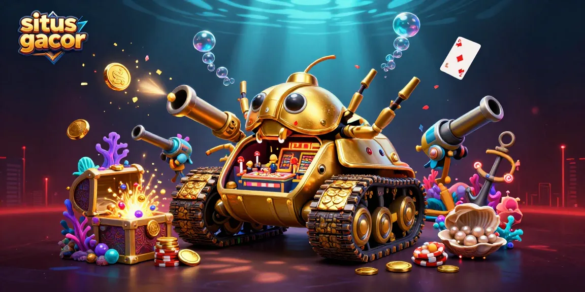 situs gacor showcases a vibrant underwater casino scene with a golden tank and treasure elements.