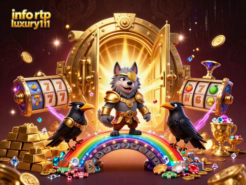 Engage with info rtp luxury111 at a vibrant casino with golden treasures and slot symbols.