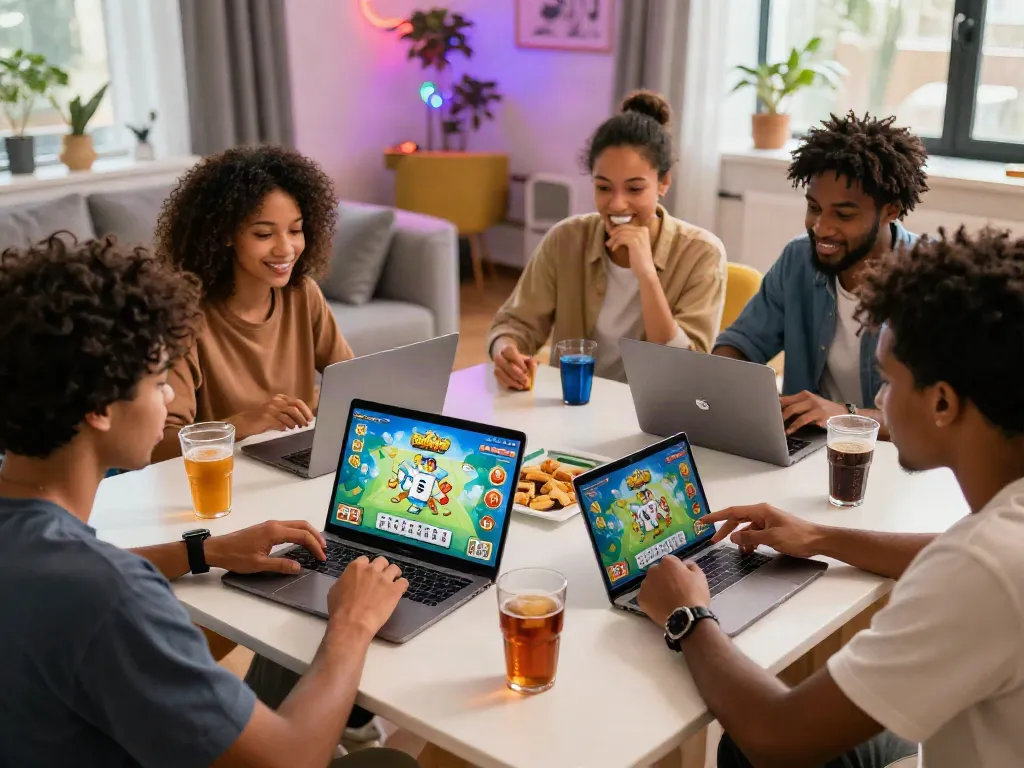 Sekelompok teman menikmati permainan Mahjong Ways 2 dengan laptop dan perangkat mobile di ruang modern yang ceria.