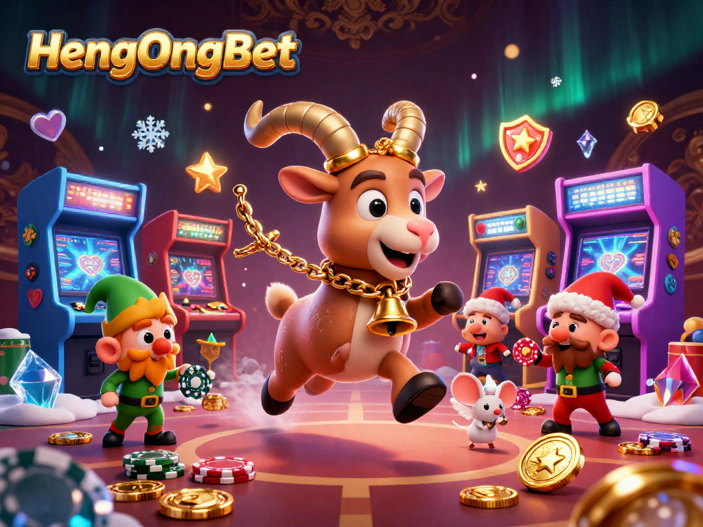 HengOngBet's dynamic casino scene featuring Krampus, angel mouse, and elf gremlins amidst game machines.