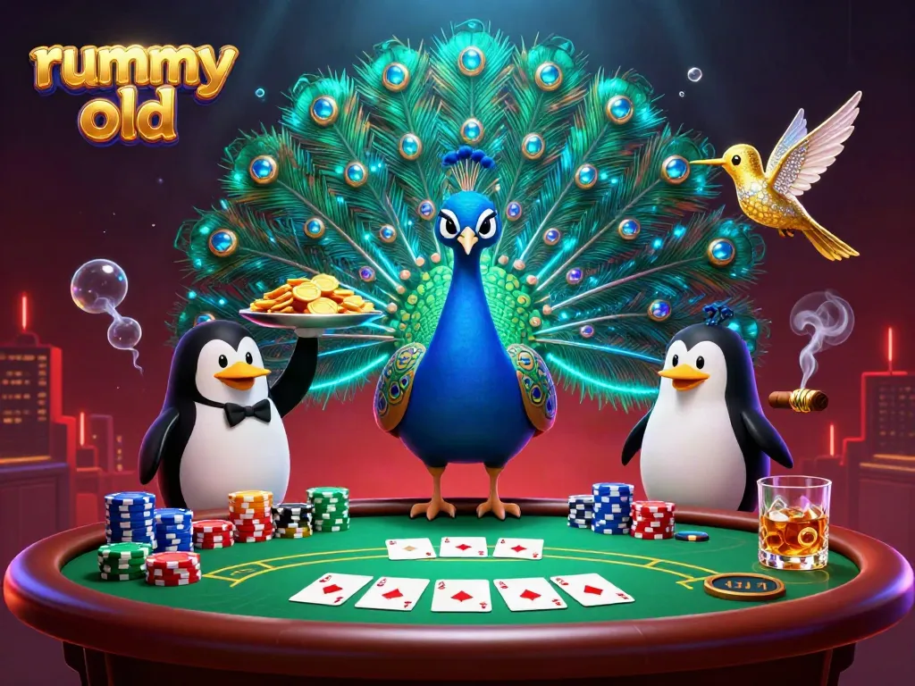 Rummy old, ilustrasi 3D menampilkan merak, penguin, dan kolibri di meja poker penuh chip.