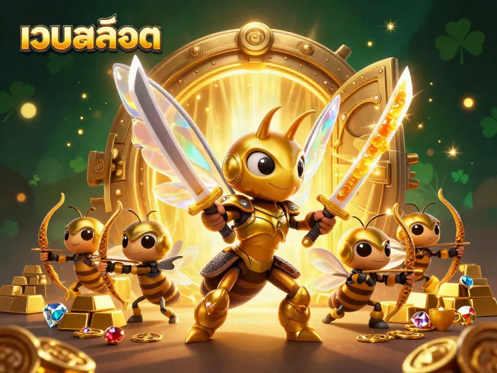 Experience เว็บสล็อต excitement with a dynamic illustration of a golden hornet in samurai armor surrounded by treasure.