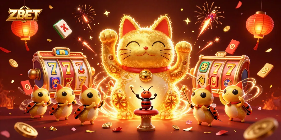 Engage with ZBET's colorful casino experience featuring a giant lucky cat amidst slot reels.