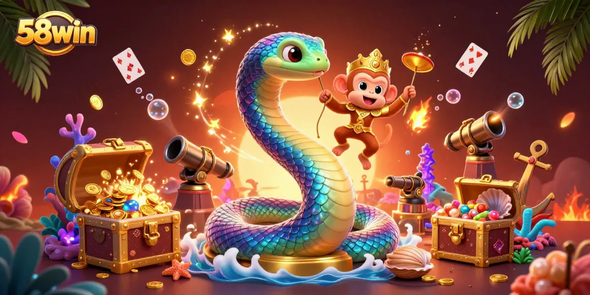Engage with 58win's vibrant casino adventure, featuring colorful characters and treasure elements.
