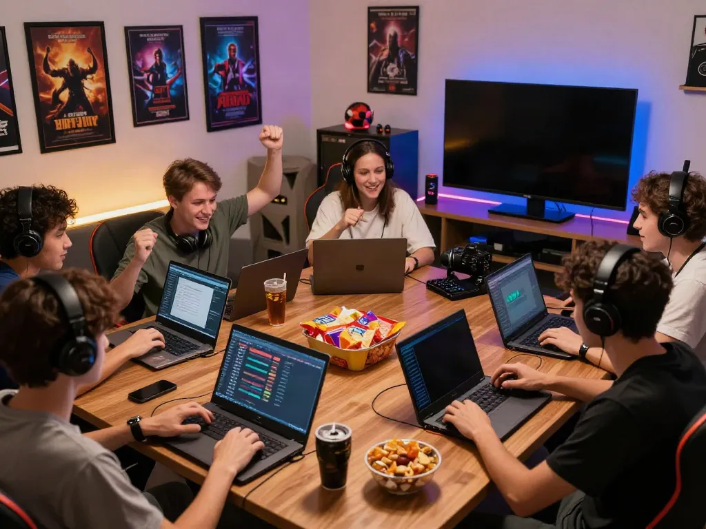 A lively group of gamers enjoying akunjp online gaming in a vibrant, inviting atmosphere.