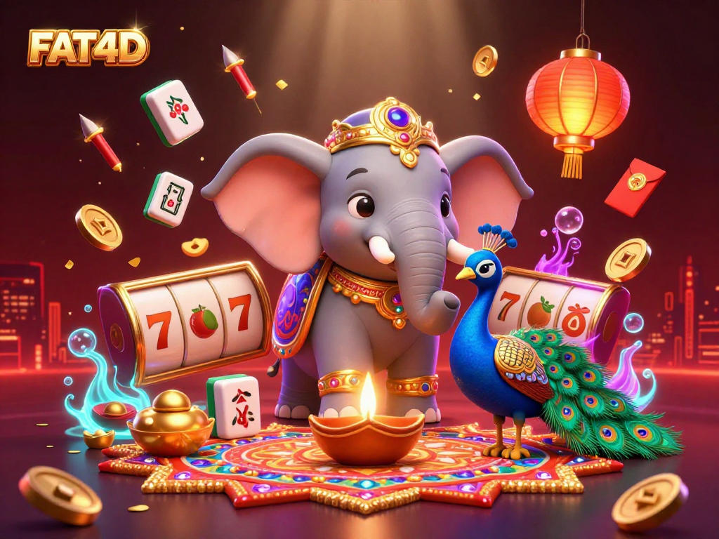 FAT4D showcases vibrant gaming energy with an ornate elephant, peacock, and dynamic slot elements.