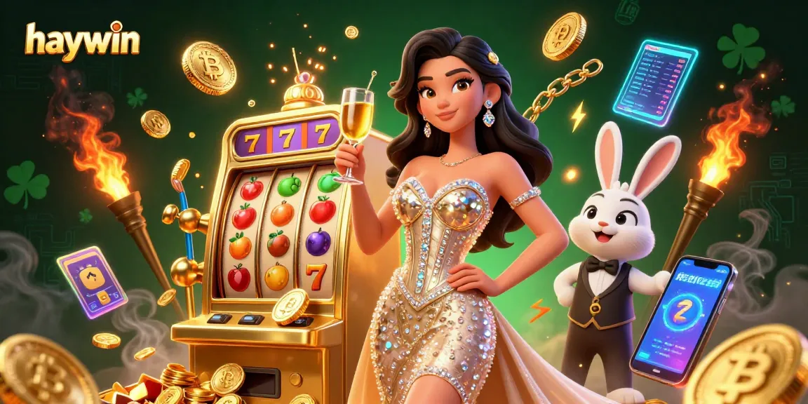 Experience thrilling wins at haywin with a glamorous woman celebrating beside a jackpot slot machine.