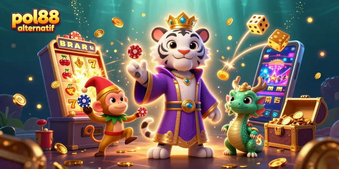 Permainan menyenangkan dengan pol88 alternatif di kasino digital, tumpukan chip poker dan simbol keberuntungan