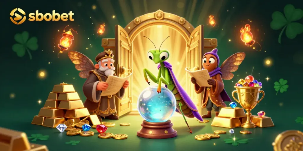 Experience the magical world of sbobet with a fortune teller and ancient wisdom in a dazzling casino illustration.