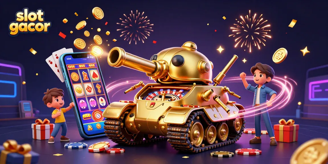 Spin and win at slot gacor featuring a vibrant 3D casino scene with coins and colorful games.