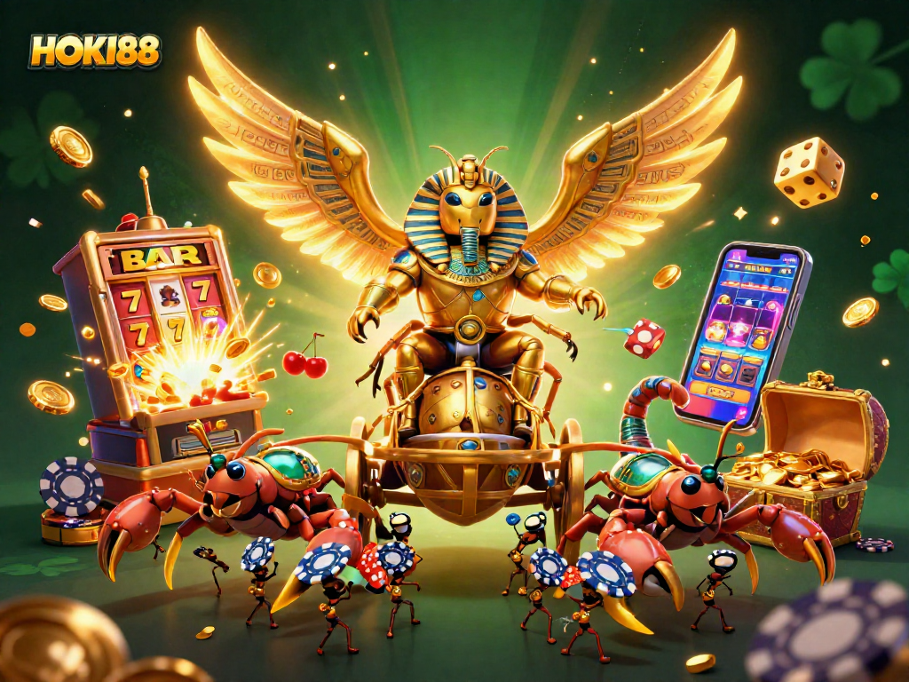 Experience HOKI88 with thrilling slot games featuring a dazzling golden scarab and lively casino elements.