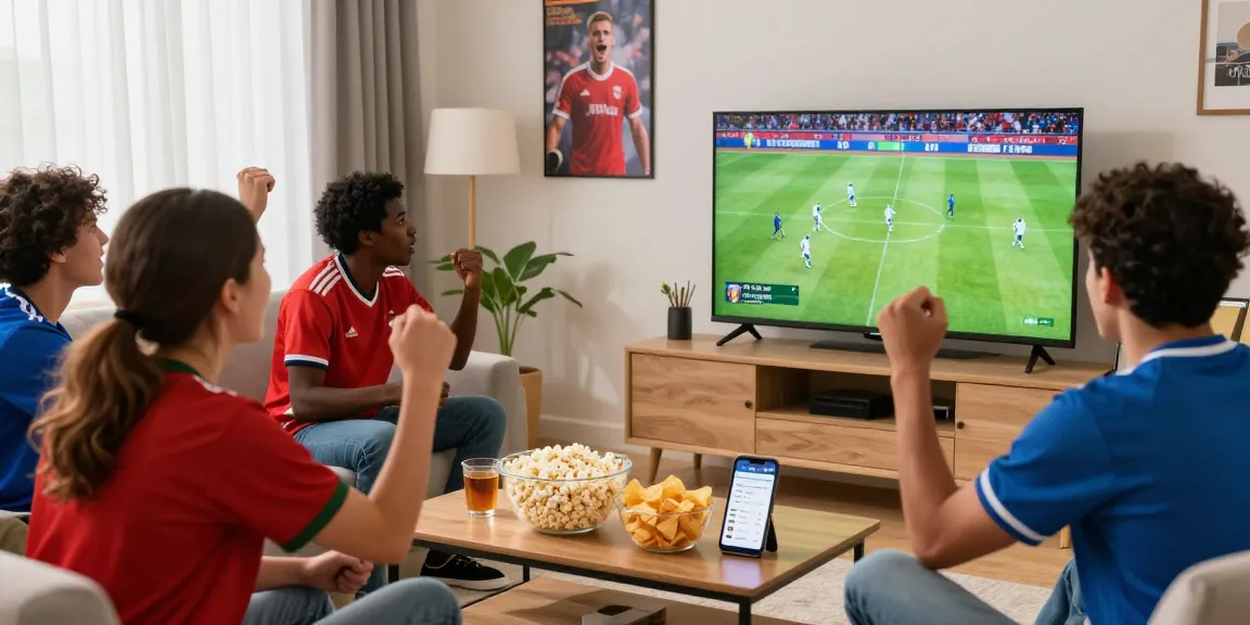 Friends watching live soccer on TV, using موقع IHD Sports for scores, cozy living room atmosphere.