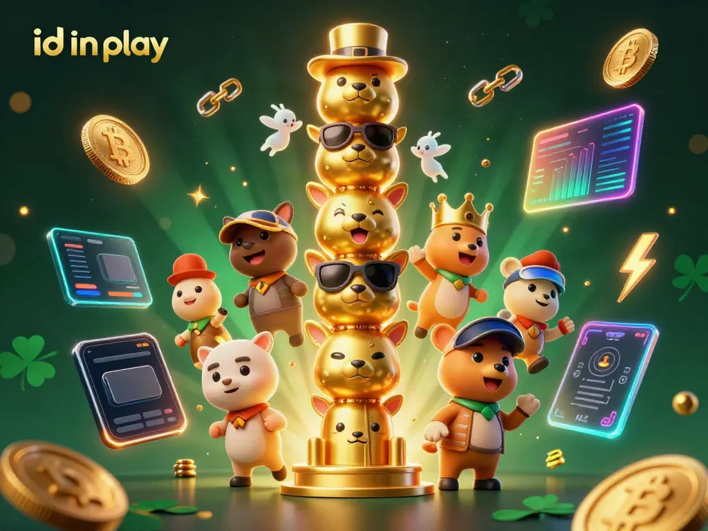 Engage with idn play in this vibrant casino-themed illustration featuring animated elements and crypto coins.