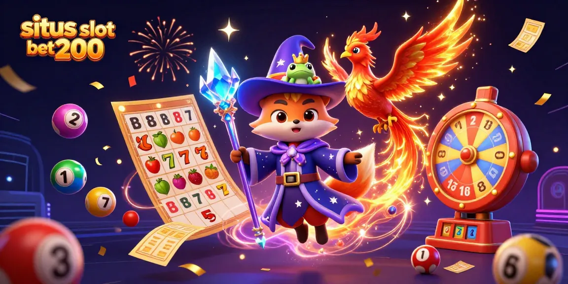 Spin and win at situs slot bet 200 with a mystical wizard fox, thrilling slot reels, and vibrant prizes!