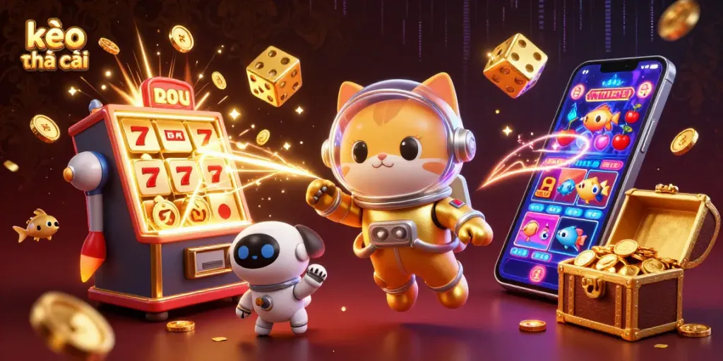 Engaging kèo nhà cái scene with animated characters and explosive casino elements