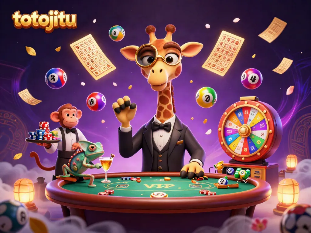Engage with totojitu through a vibrant 3D illustration showcasing a giraffe, monkey, and chameleon in a casino