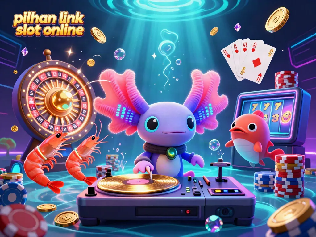 Merayakan pilihan link slot online dengan ilustrasi 3D kasino yang dinamis dan berwarna-warni.