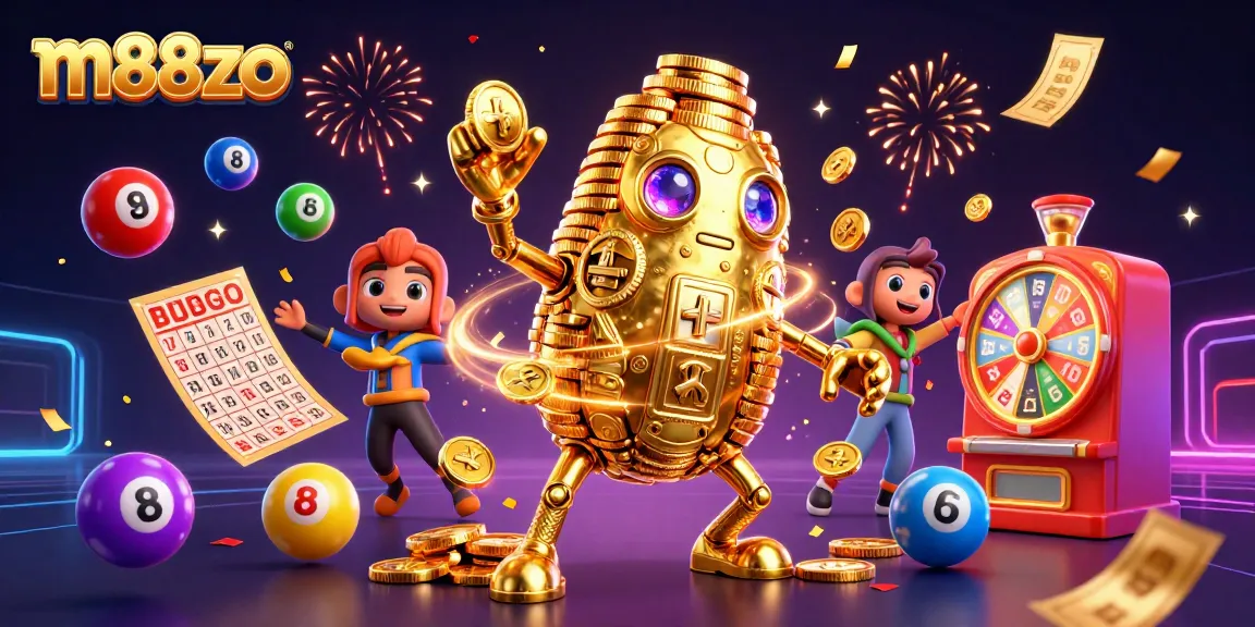 Experience the thrill of m88zo with vibrant lottery elements and a golden golem in this 3D casino scene.
