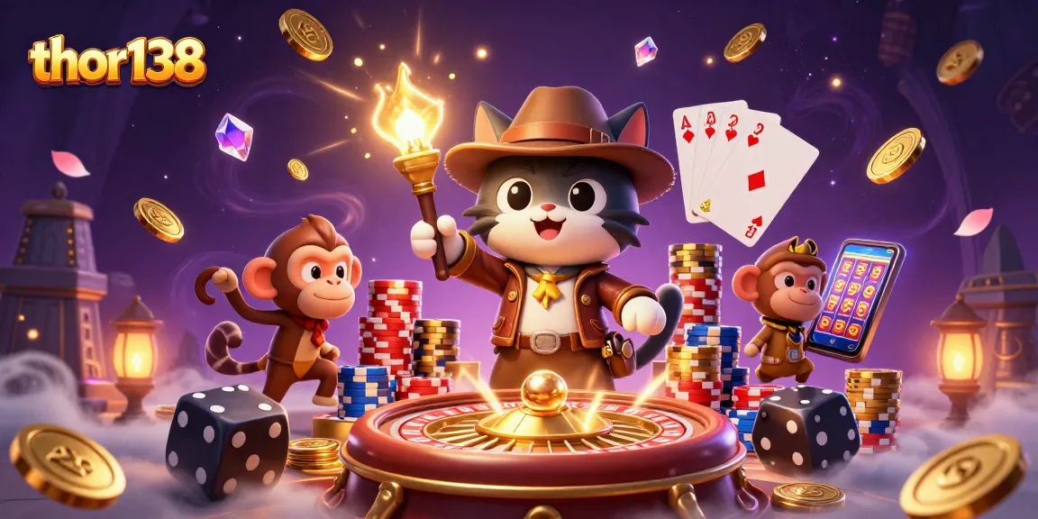 Menggali elemen jackpot di kasino thor138, diiringi oleh kucing arkeolog dan monyet berapi-api, menampilkan permainan yang menyenangkan.