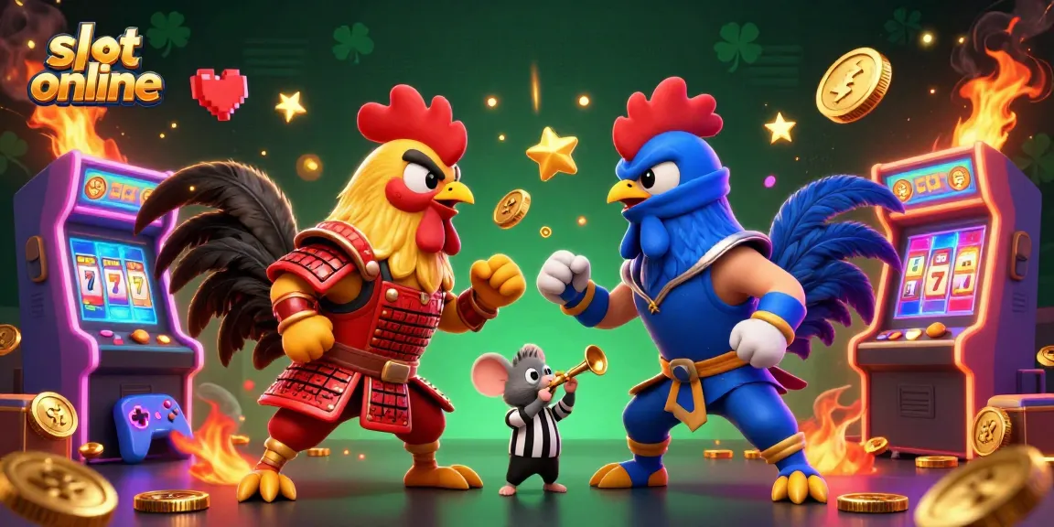 Slot online memperlihatkan ayam jantan bertarung di arena dengan mesin arcade berwarna-warni.