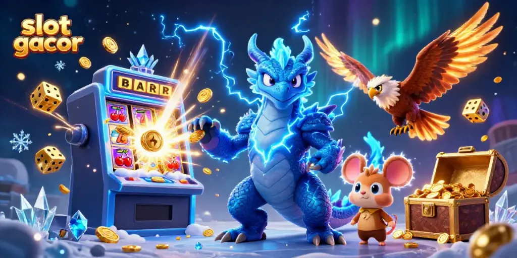 Experience the thrill of slot gacor with a vibrant 3D casino scene loaded with winning elements.