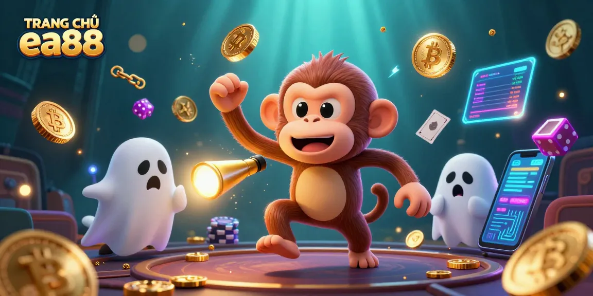 Engage with TRANG CHỦ ea88 as the mischievous poltergeist monkey juggles golden coins in a vibrant casino scene.