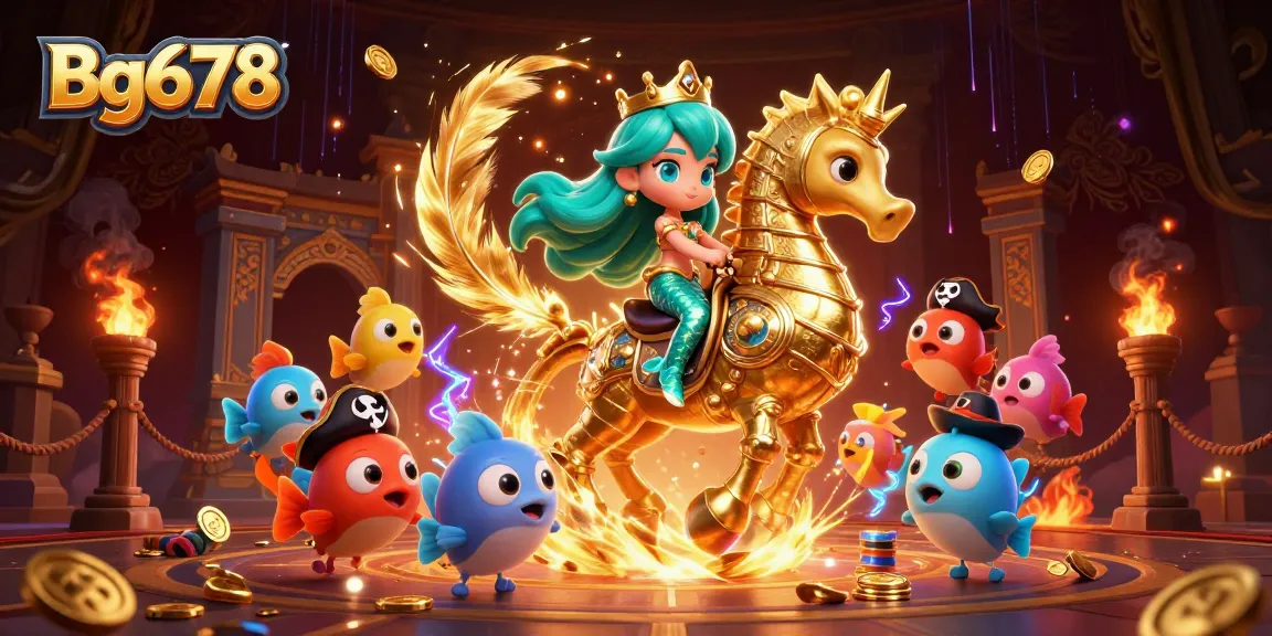 Engage in thrilling wins with Bg678, featuring a vibrant mermaid princess and seahorse ride amidst casino elements.
