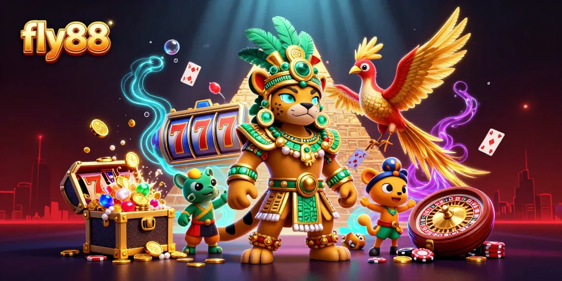 Experience excitement at fly88 with a vibrant Mayan-themed casino scene showcasing dynamic slot games and treasures.
