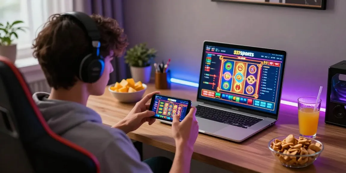 Pengguna menikmati permainan slot di platform 337sports dalam suasana nyaman dengan pencahayaan LED yang ceria.