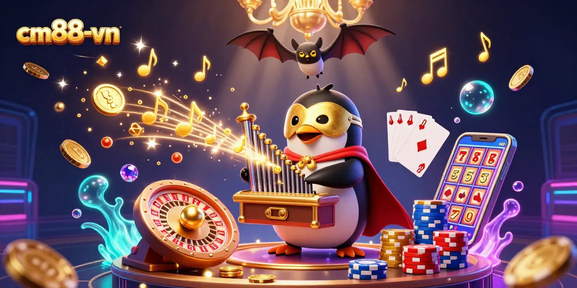 Experience thrilling gameplay with cm88-vn's cartoon penguin character amidst cascading coins and vibrant casino elements.