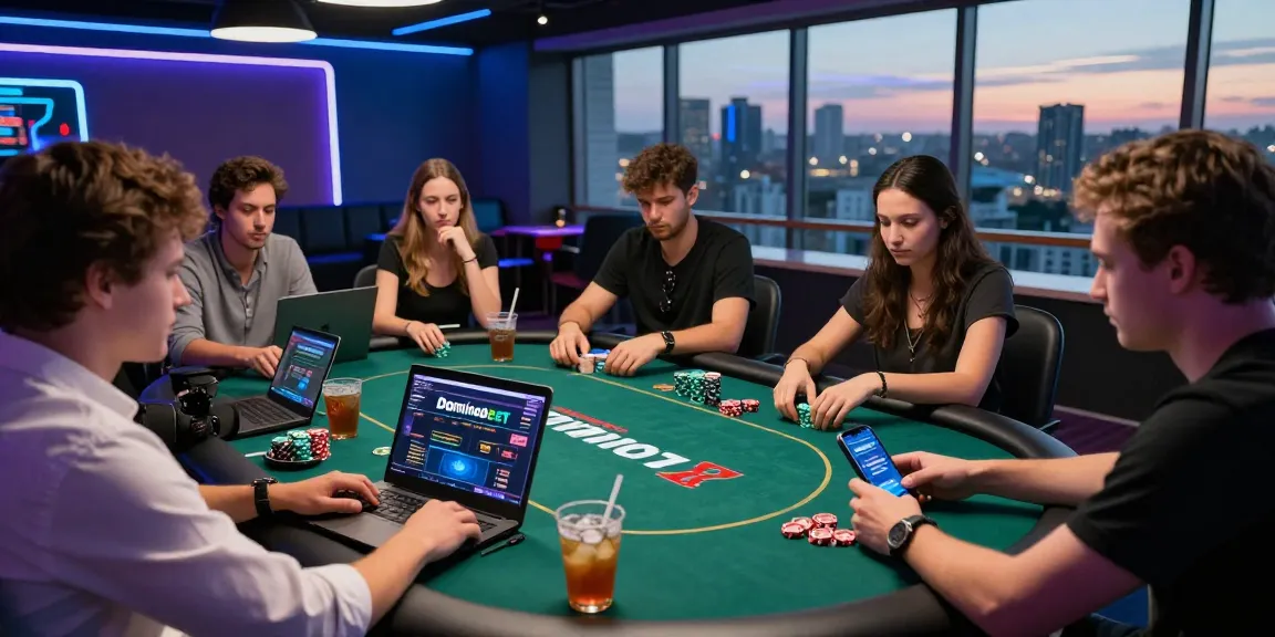 Engaged players enjoying Game Poker Uang Asli Dominobet in a modern lounge, focused on their screens with vibrant atmosphere.