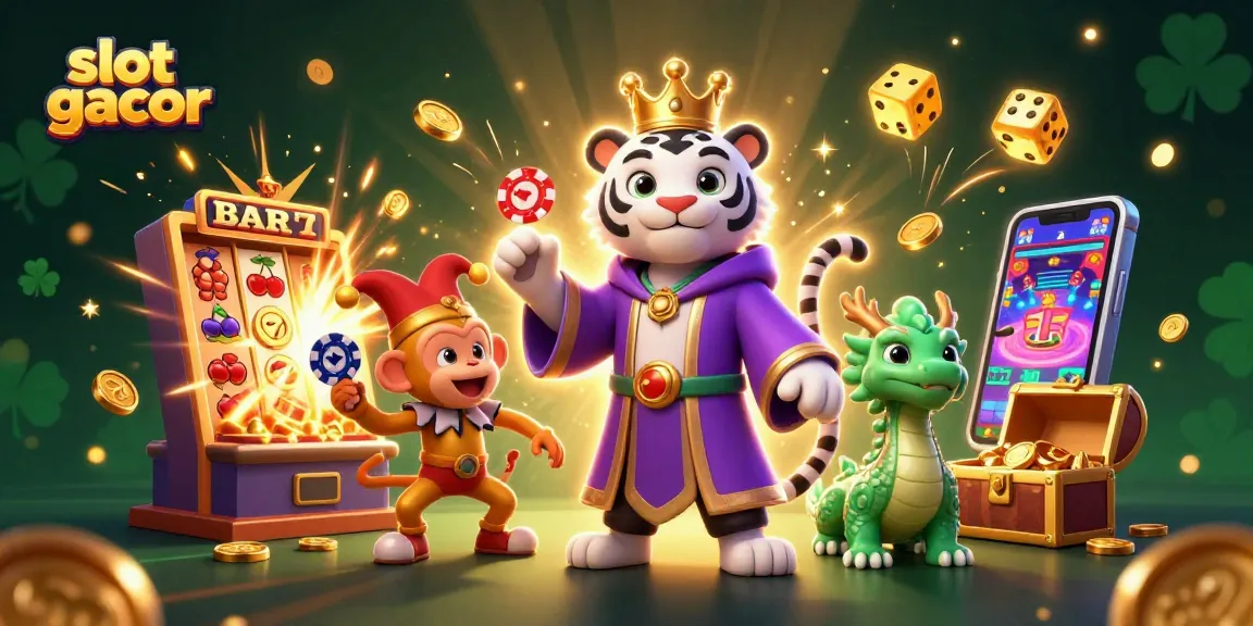 Slot gacor menampilkan harimau putih sebagai raja dengan monyet dan naga, dikelilingi mesin slot dan koin berkilau.
