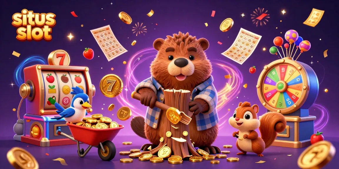 Situs slot showcase with a cartoon beaver, bird, and squirrel celebrating wins amidst vibrant game elements
